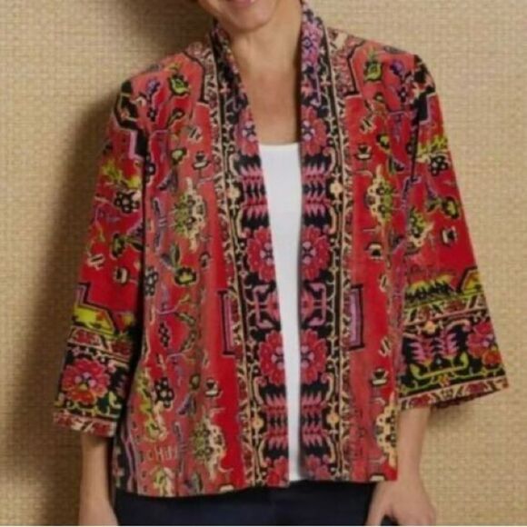 Soft Surroundings Jackets & Blazers - SOFT SURROUNDINGS Velvet‎ Open Front Floral Print Kimono Jacket Red Black Small